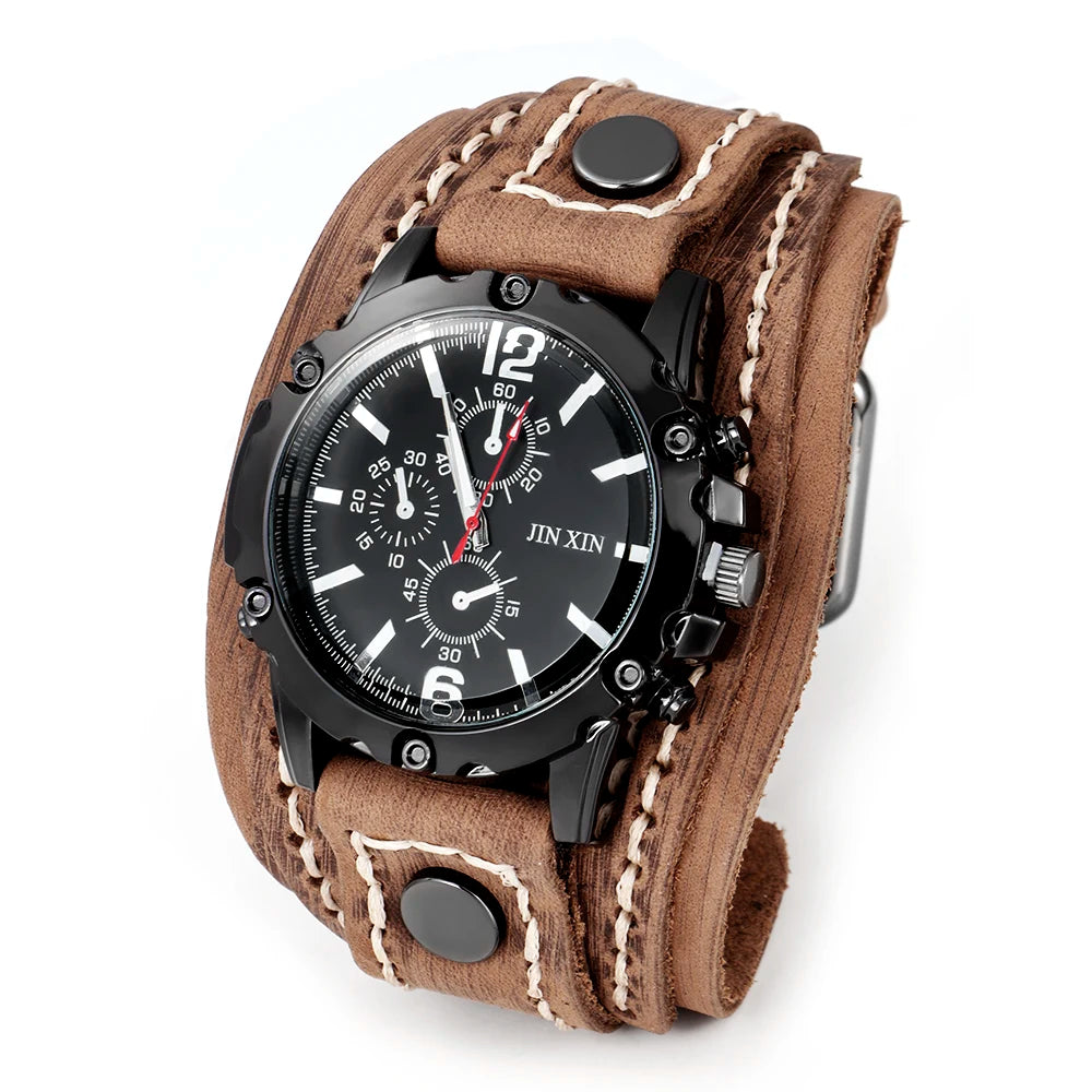 Vintage Punk Wide Leather Strap Watch Men's Quartz Wristwatch with Decorative Chronograph Dial Blue Cowhide Band Alloy Casual