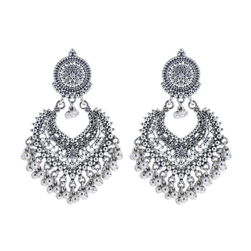 Bohemian Bollywood Oxidized Jewellery Ethnic Zinc Alloy Silver Afghan Tassel Party Indian Bell Drop Earrings with Flowers Jhumka