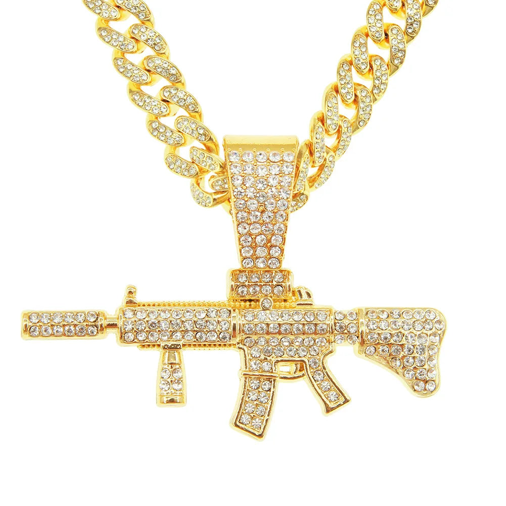 Hip Hop Men Women AK47 Submachine Gun Pendant Necklace Gold Silver Colour Iced Out Crystal Cuban Link Chain Necklaces Jewelry
