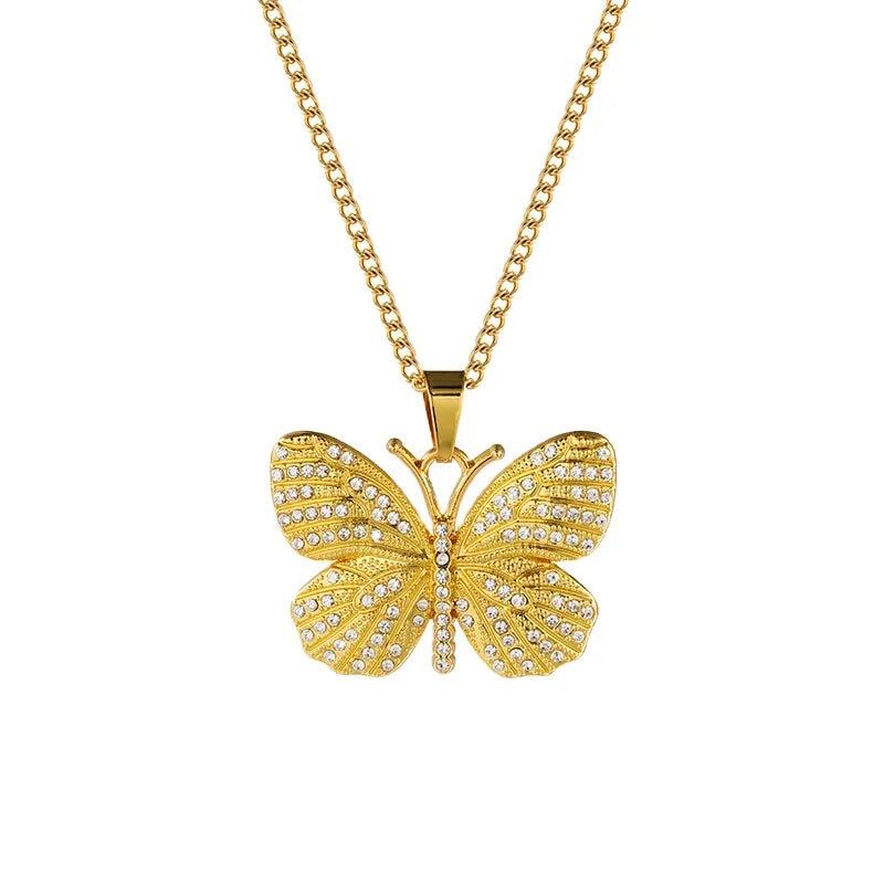 Craft Wolf Fashion Jewelry Women Men 18K Gold Plated Stainless Steel Rhinestone Luxury butterfly Diamond Pendant Chain Necklace