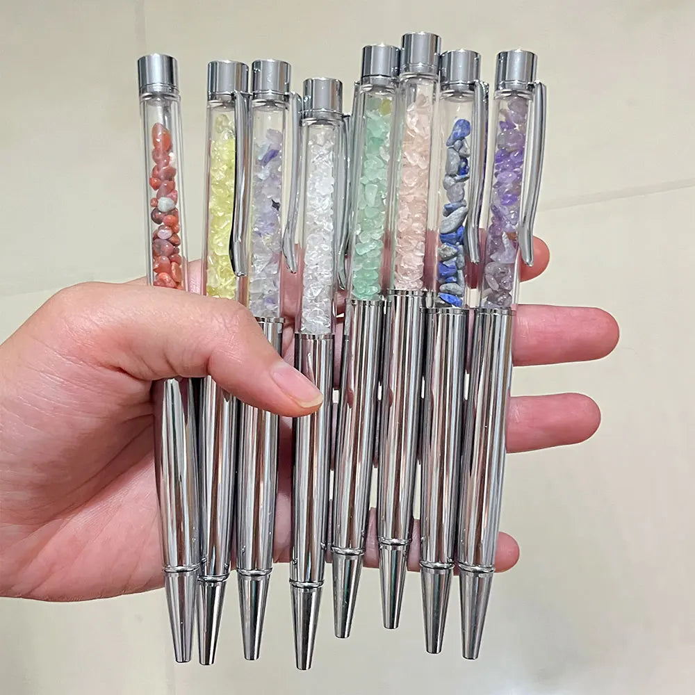 Rose Gold Healing Crystal Pen Lapis Lazuli Green Aventurine Amethyst Gravel Stone on Top Fancy Pens for Women Cute Girls Gift
