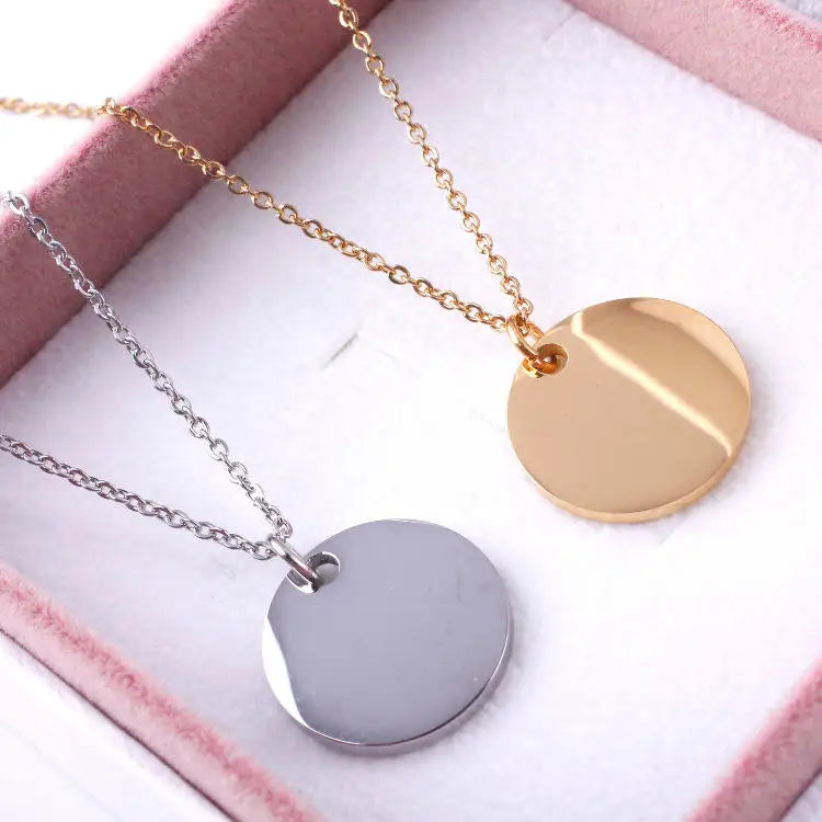 Personalised Necklace Women Jewelry Blank Round Disc Pendant Stainless Steel Gold Plated Engravable Name Plate Necklace