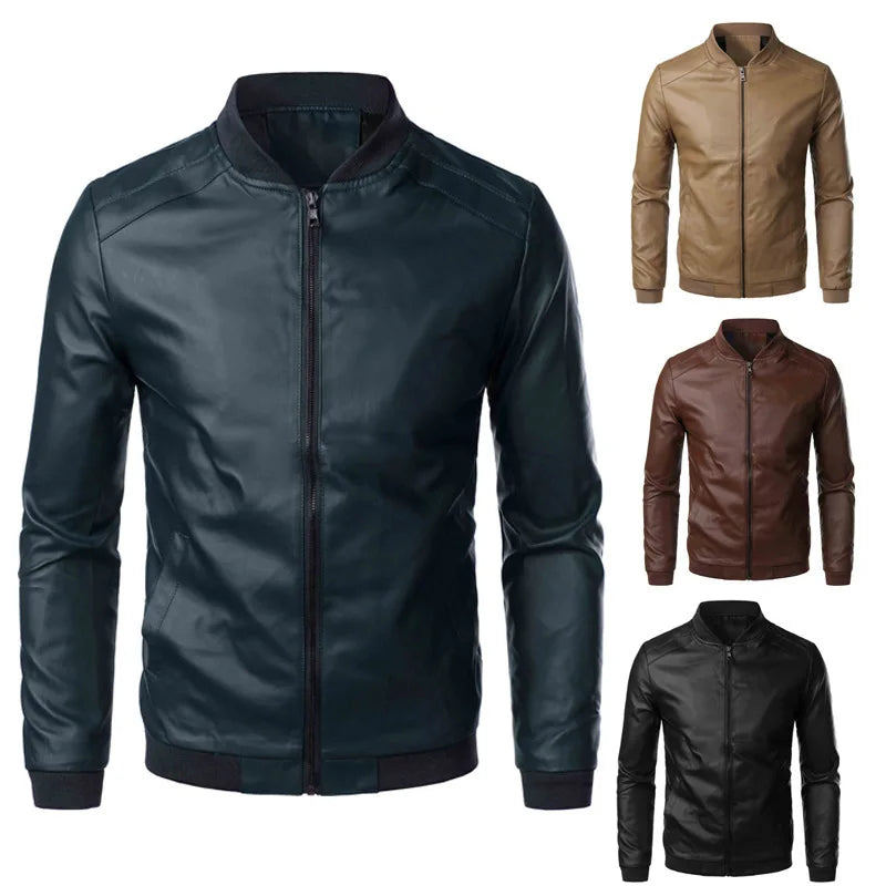 Wholesale Spring Autumn Men's Fashion PU Leather Jacket Coat Tops Zipper Long Sleeve Slim Motorbike Leather Jacket