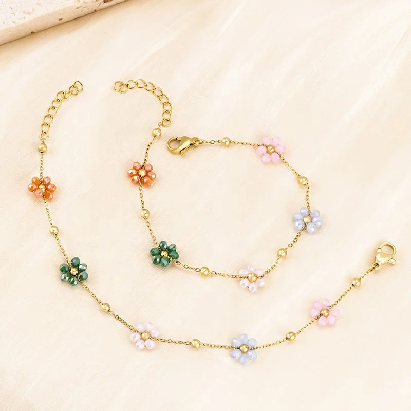 Hand Made Resin Acrylic Flower Chain Bracelet 18K Gold Plated Colorful Daisy Flowers Stainless Steel Bead Bracelet