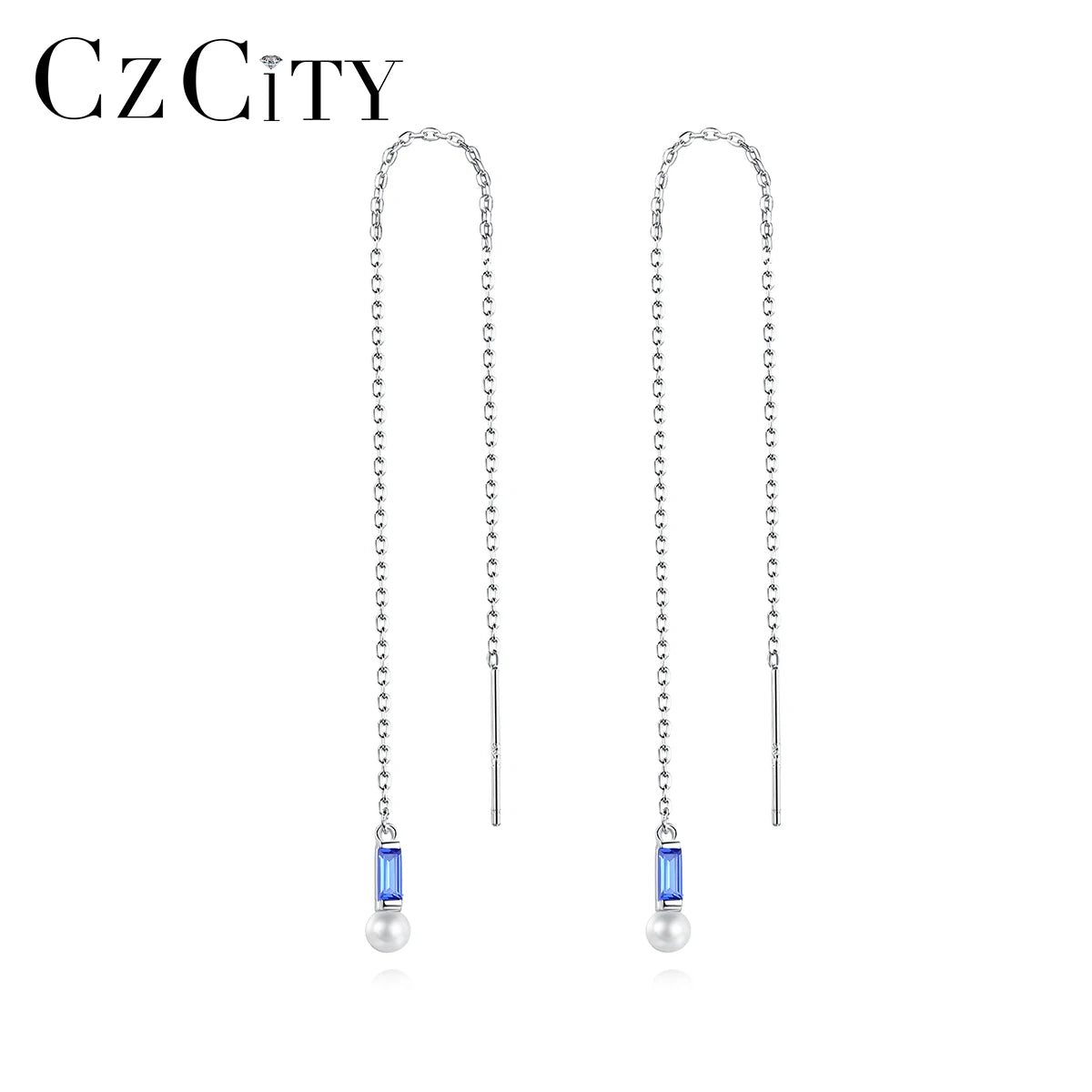 CZCITY Wholesale Elegant Long Line Earring Pendant Earring with a Pearl 925 SIlver Earrings