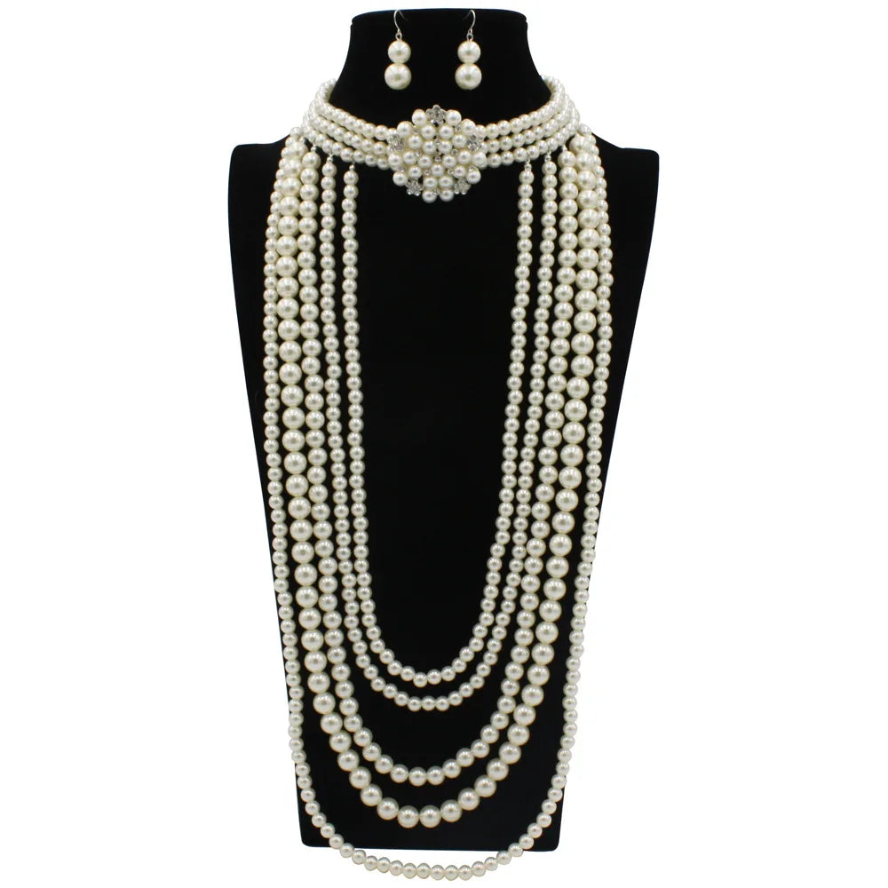 ROMANTIC Wholesale Multilayer Fashion Accessories Exaggerated Long Sweater Pearl Necklace Set