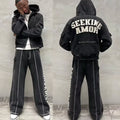 OEM Custom Cotton Heavyweight Acid Washed Vintage Patch Hoodies Flared Tracksuits for Men Striped Sweatpants Sweatsuit