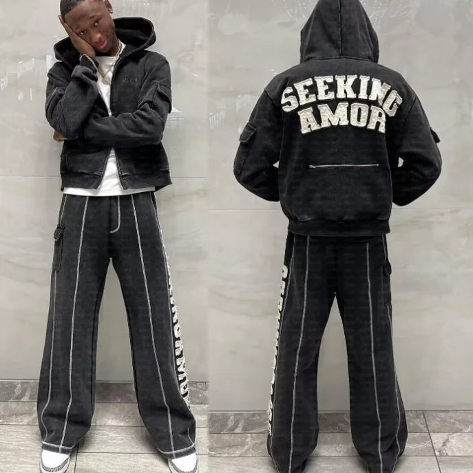 OEM Custom Cotton Heavyweight Acid Washed Vintage Patch Hoodies Flared Tracksuits for Men Striped Sweatpants Sweatsuit