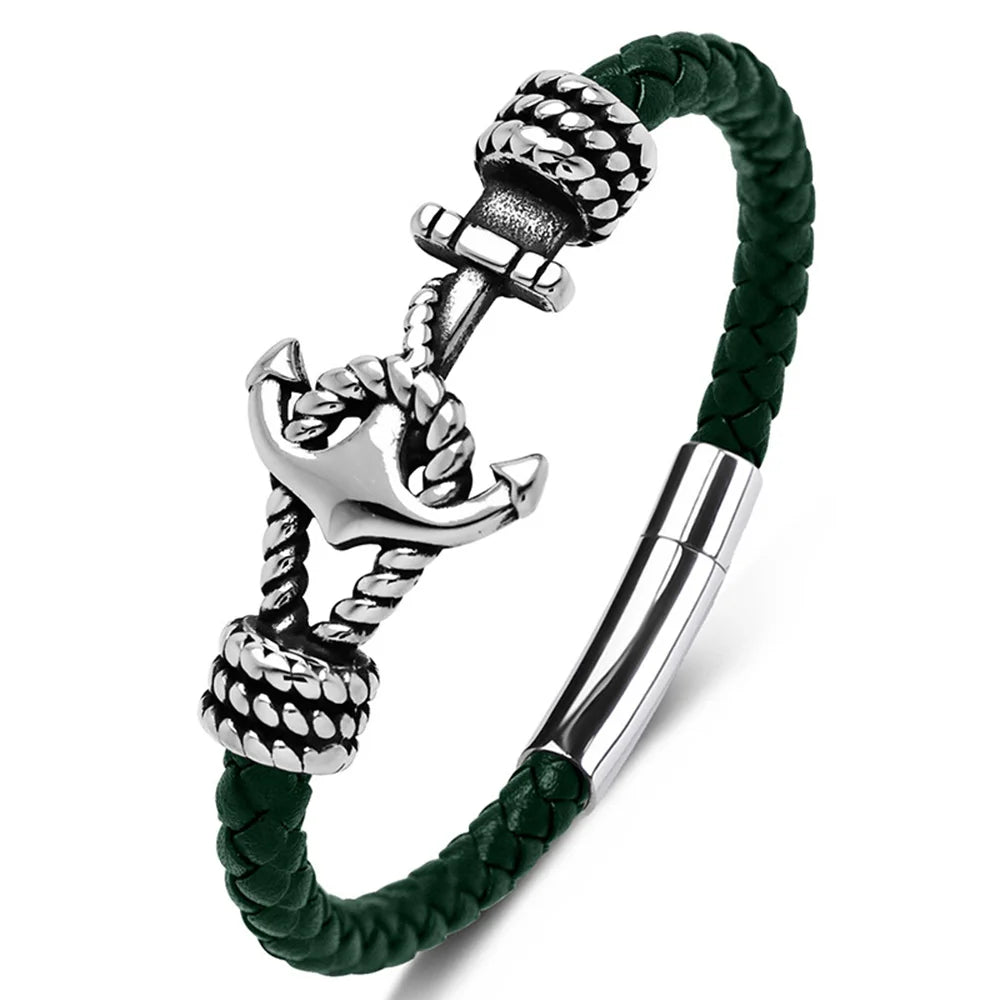 Classic Men's Black Stainless Steel Silver Plated Wrap Bracelet Genuine Leather Bangles Anchor Design Punk Geometric Fashion