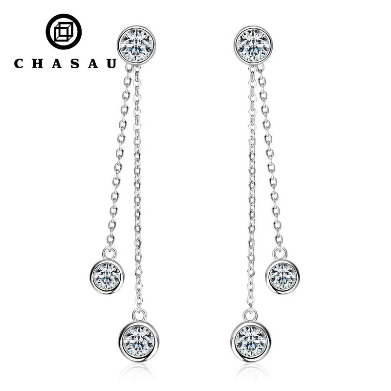 New Style 925 Sterling Silver Moissanite 4mm 5mm Round Cut Bezel Set Double Chain Drop Earrings Jewelry Gifts for Women