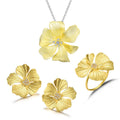 Lotus Fun Handmade 925 Sterling Silver 18k Gold Plated Zircon Peony Flower Pendant Earrings Ring Luxury Jewelry Set for Women