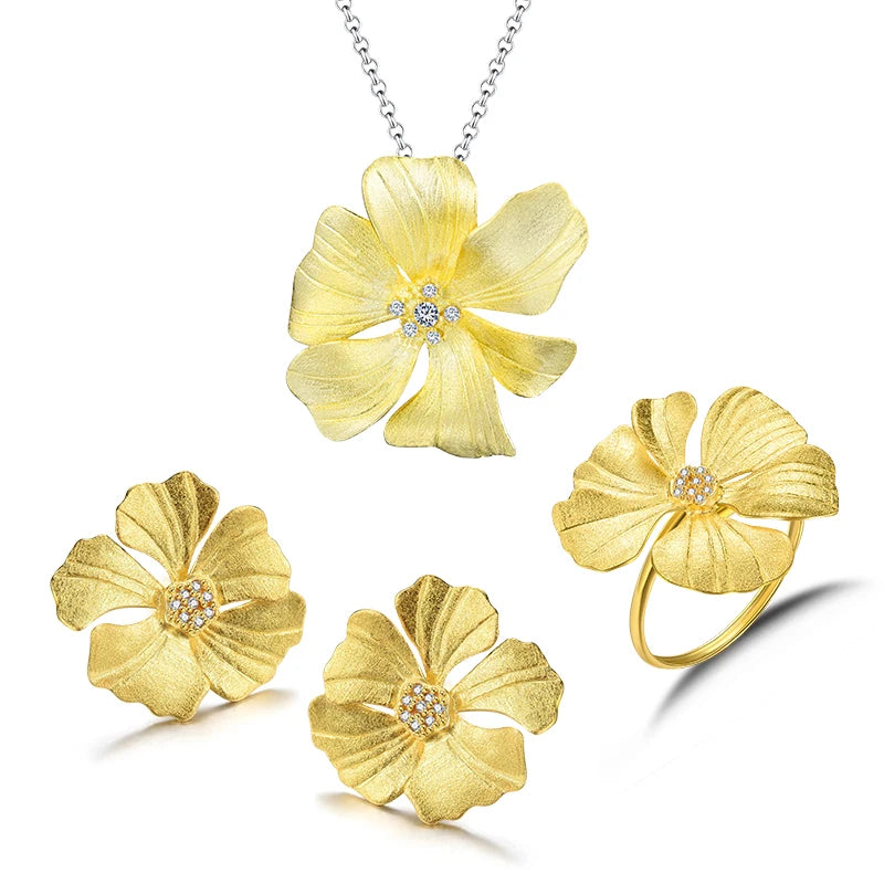 Lotus Fun Handmade 925 Sterling Silver 18k Gold Plated Zircon Peony Flower Pendant Earrings Ring Luxury Jewelry Set for Women