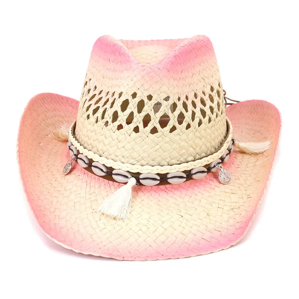Fashion Women's Gradient Pink Cowgirl Hat UPF 50+ UV Protection Wide Brim Paper Straw Sun Hat for Summer Beach Party Travel