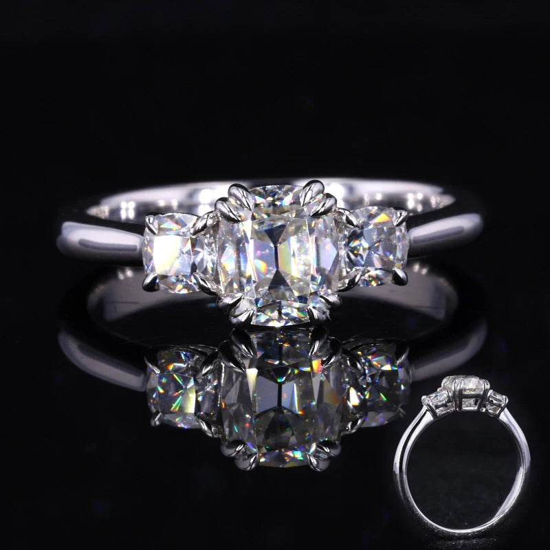 14k White Gold Classic Style Vintage Design Antique Cushion Old Mine Cut Moissanite Three Stones Setting Ring