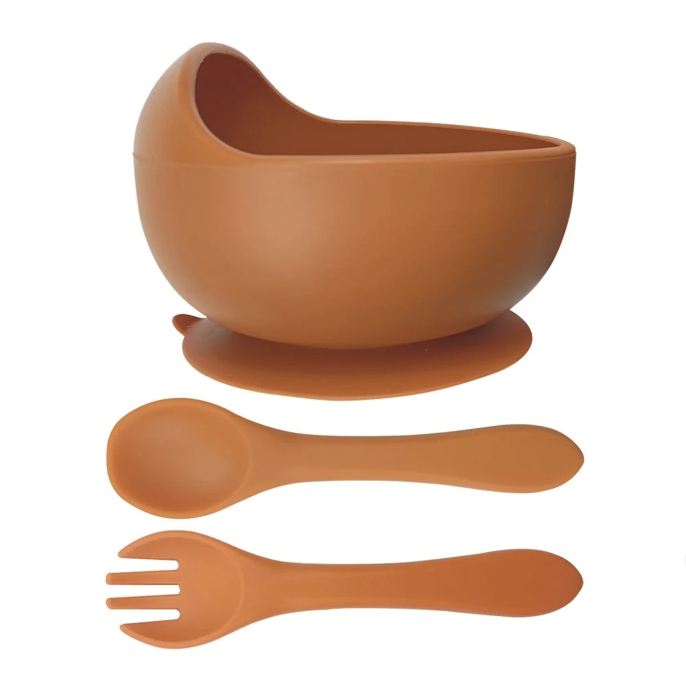 BPA Free Silicone Tableware Feeding Set Bebe Silicone Suction Bowl Bamboo Handle Spoons for Toddles Dining Food Grade