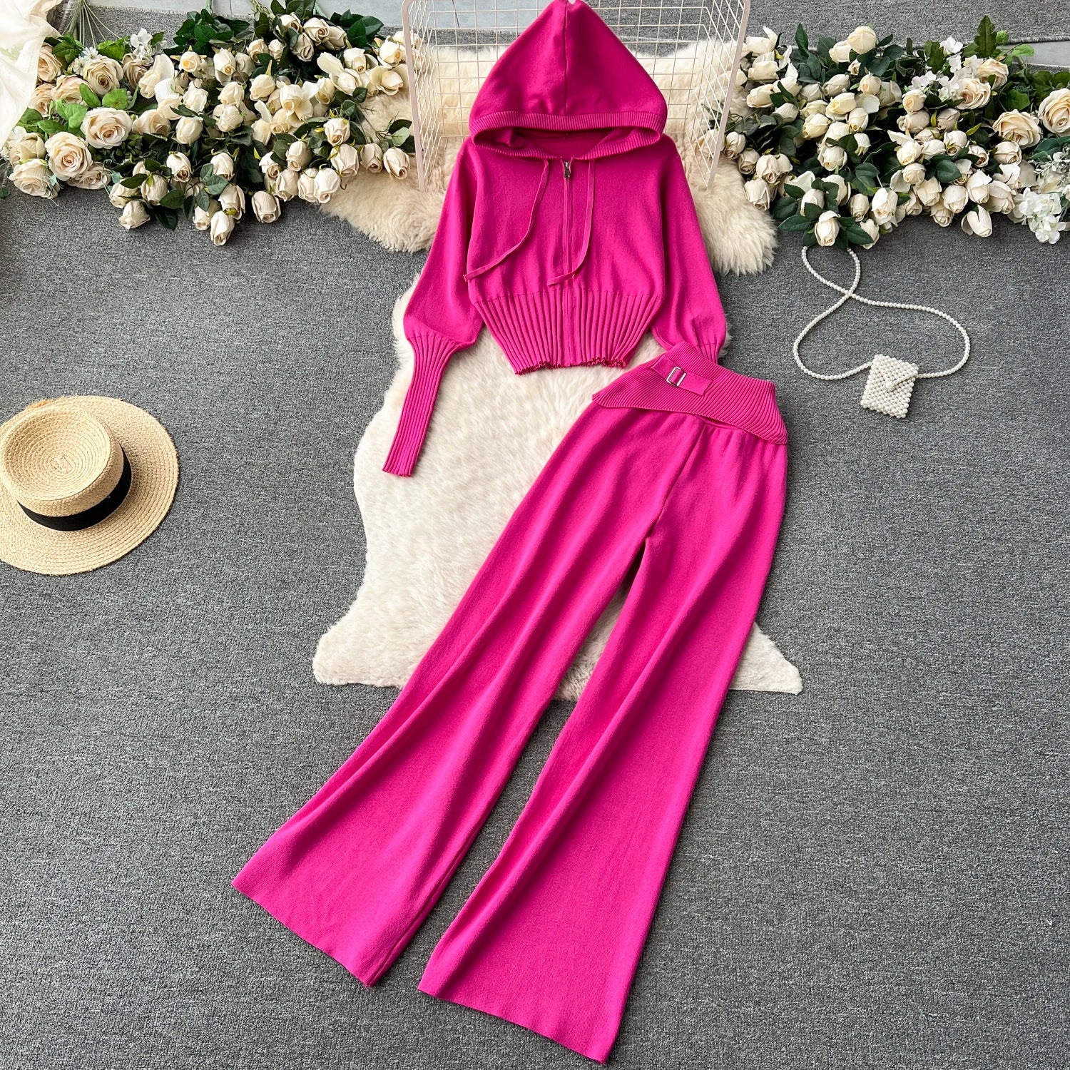 Autumn American Style 2 Piece Set for Women Top and High Waist Solid Knitted Pants Set American Clothing Wholesale