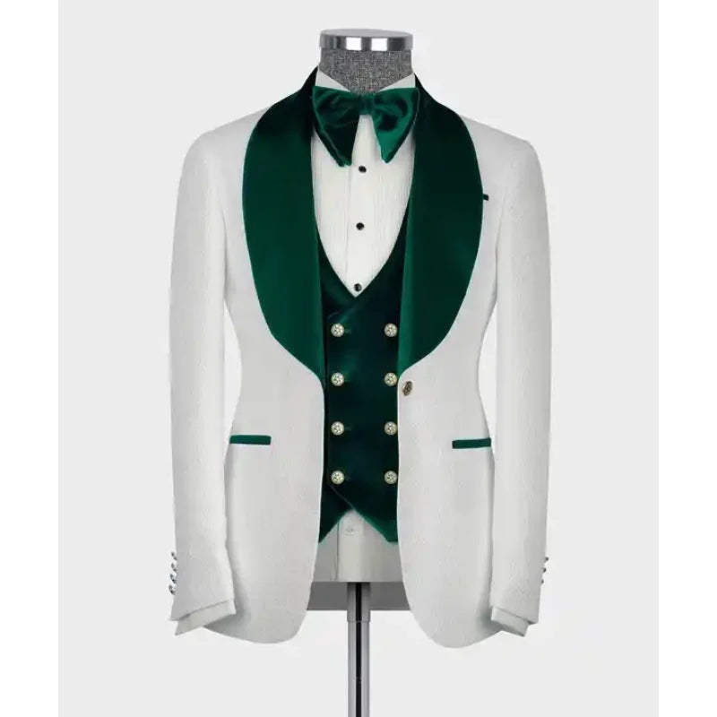 White Pattern Men Suits Single Breasted Velvet Collar Tuxedo Set Wedding Business Party Wedding Prom White Men Suits 3 Pieces