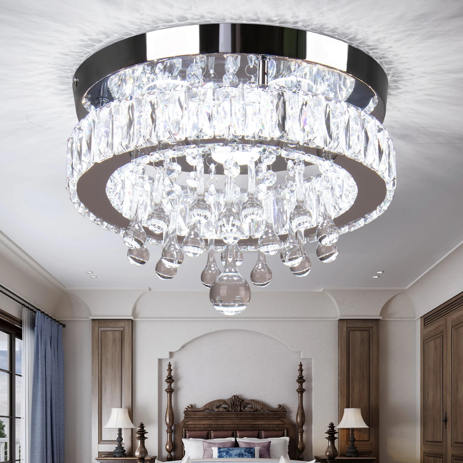 Modern Flush Mount Ceiling Light Chandelier K9 Crystal Luxury Pendant for Bathrooms Luxury Flush Mount Ceiling Light for Home