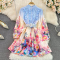LW0863 2025 Spring Niche Stand Collar Ruffled Single Breasted Lantern Sleeve Printed Waist A-Line Dresses Women Casual