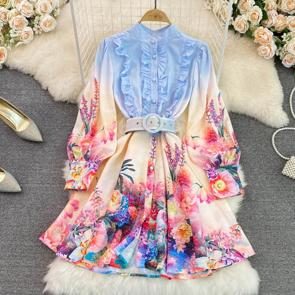 LW0863 2025 Spring Niche Stand Collar Ruffled Single Breasted Lantern Sleeve Printed Waist A-Line Dresses Women Casual