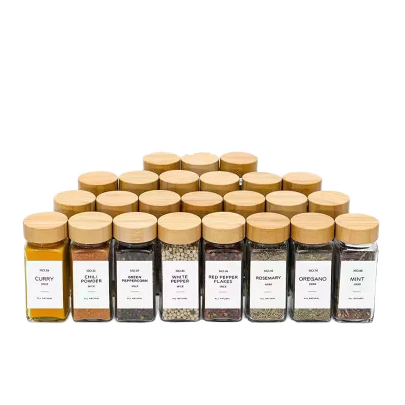 12-Pack and 24-Pack 100ml Glass Spice Jars Set with Wooden and Bamboo Screw Cap Custom Salt Storage Salt Storage Glass Jars