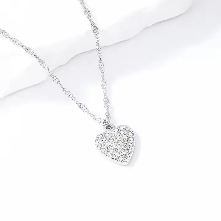 Cute Design Micro Pave CZ Zircon Heart Stainless Steel Trendy Jewelry Crystal Heart Pendant Necklace for Women