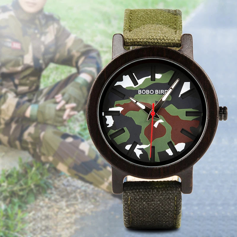 Men's Minimalist Sport Camouflage Wood Watch Wristwatches with Analog Dial Display and Quartz Movement Fashion