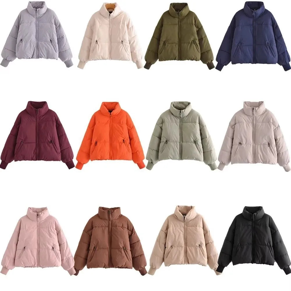 Women's Winter Long Sleeve Zip Puffer Jacket Pockets Baggy Short Down Coat Crop Jacket Woman Crop Puffer Down Jacket