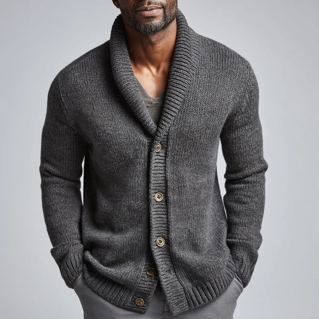 Men's Wool Cardigan with Shawl Collar Chunky Knit Button-Down Sweater Featuring Pockets