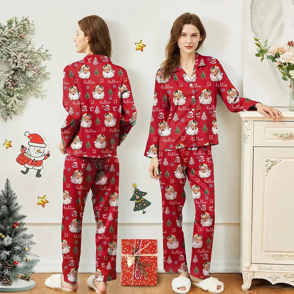 Print on Demand Custom Milk Silk Long Sleeve Pajamas Wholesale Button-Down Sleepwear Pijama 2 PCS Femme Pyjama Women Pajama Set