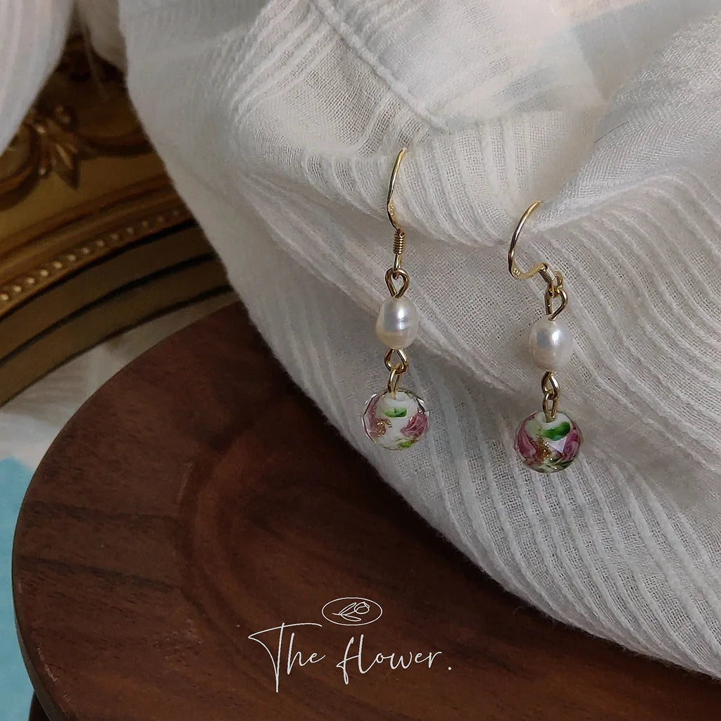 Pendientes Largos S925 Silver Nedle Pearl Vintage Earrings Pink Glass Female Retro Freshwater Pearl Gold Filled Earrings
