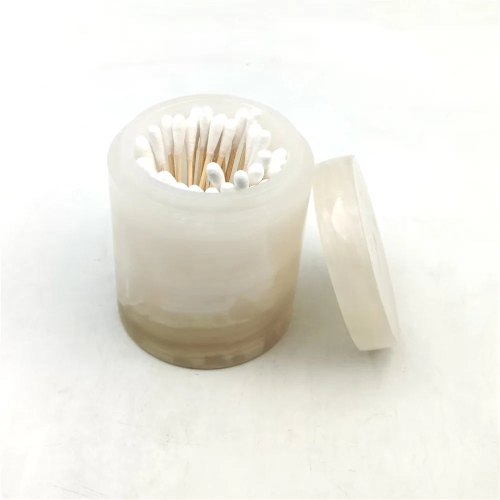 Nanwei Stone Artisan Onyx Storage Jar Natural Stone Cotton Swab Holder Stone Vanity Container for Home Decor