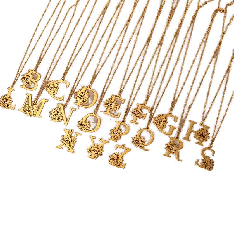 New A-Z Stainless Steel Geometric Letter Pendant Unisex Rose Clavicle Chain 26 English Letters Gold Plated Necklace for Europe