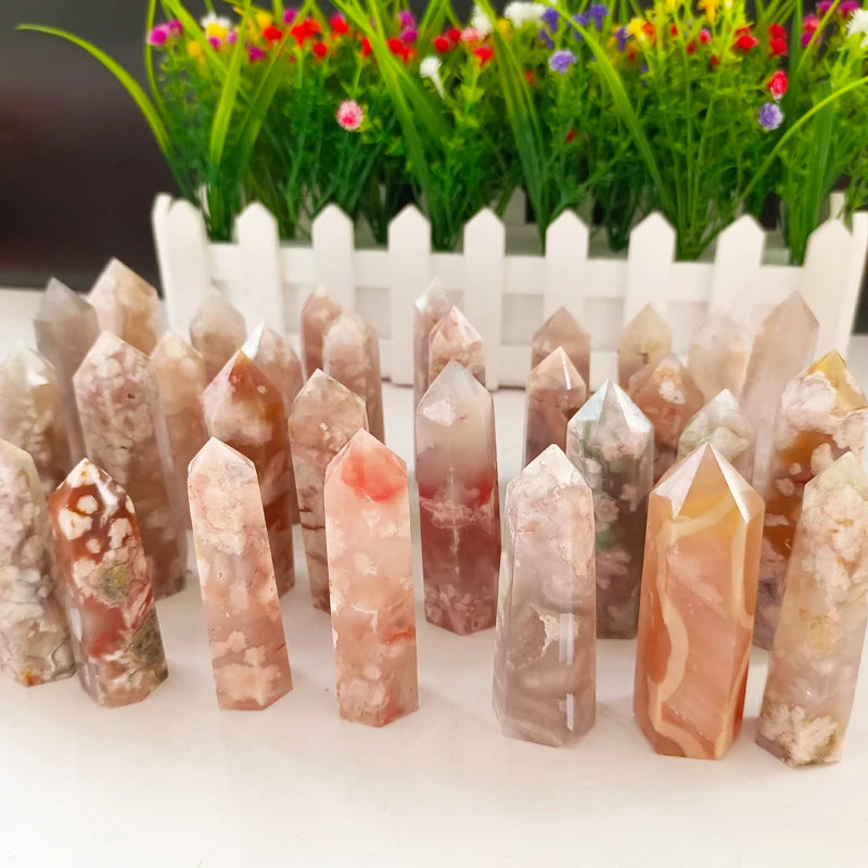 Flower Agate Towers Reiki Healing  Crystal Cherry Blossom Agate Points for Decoration