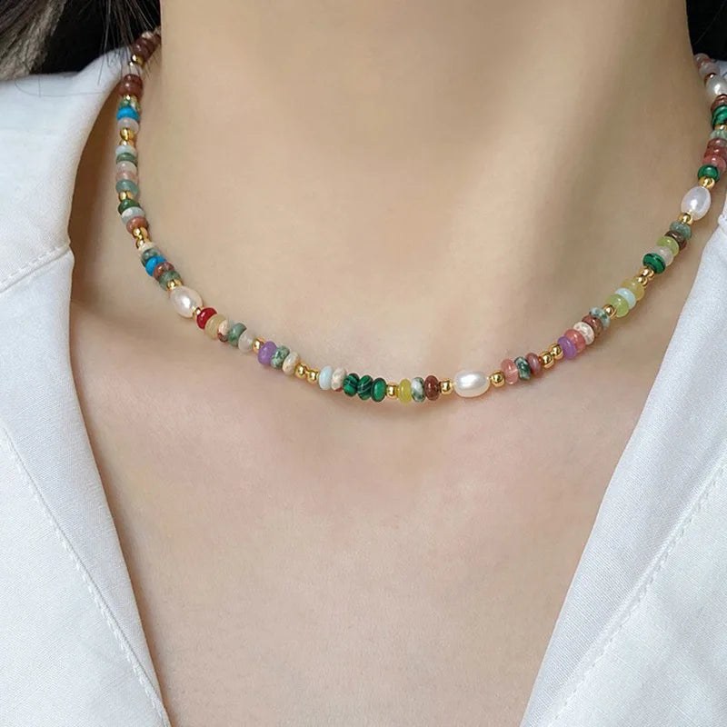 Trendy Bohemia Natural Stone Necklaces Hypoallergenic Jewelry Gold Plated Natural Stone Beaded Necklaces for Women