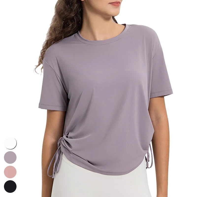 Women's Tops Quick Dry Breathable Drawstring Running Shirt Loose Sports T Shirts Short Sleeve Fitness Top Yoga Shirt for Women