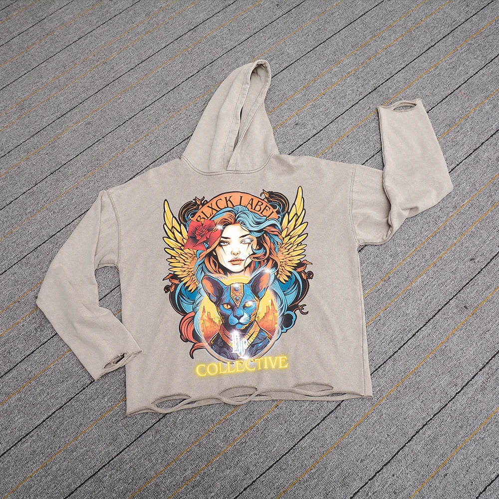 Custom Men Hoodies No String Oversized Pullover French Terry Cotton Acid Wash Cut Edgs Raw Hem Hoodie Custom Hoodies Puff Print