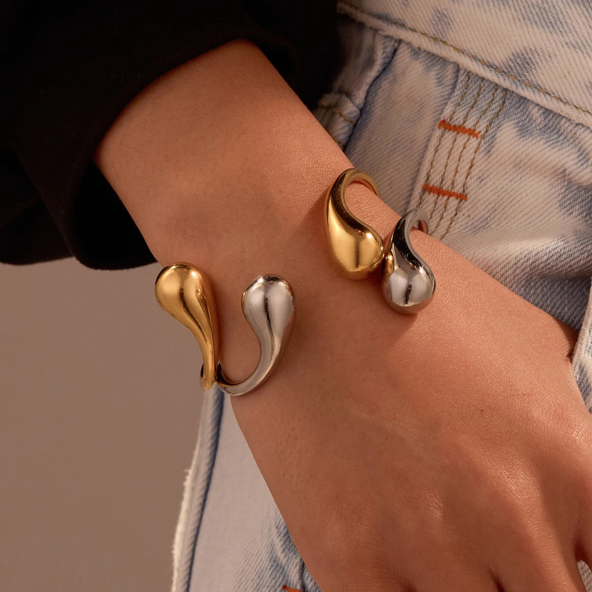 Punk Chunky Water Drop Open Bracelet Bangle Adjustable Stainless Steel 18K Gold Plated Fashion Jewelry Girls