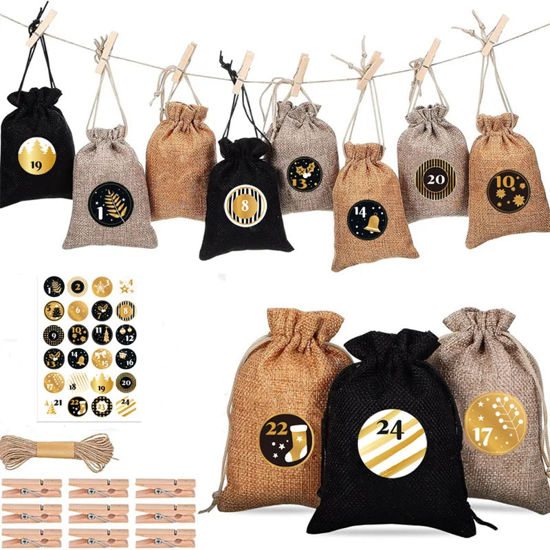 24 Set Eco-friendly Fabric Jute Christmas Gift Bags Small Size 10x14cm Decoration Supplies