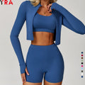 Wholesale Women's Fitness Yoga 3-Piece Set High Quality Blue Long Sleeve Jacket Shorts Elastic Waist Solid Spandex/Nylon