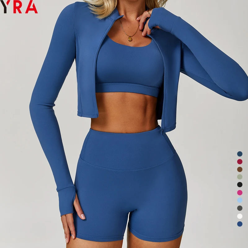 Wholesale Women's Fitness Yoga 3-Piece Set High Quality Blue Long Sleeve Jacket Shorts Elastic Waist Solid Spandex/Nylon