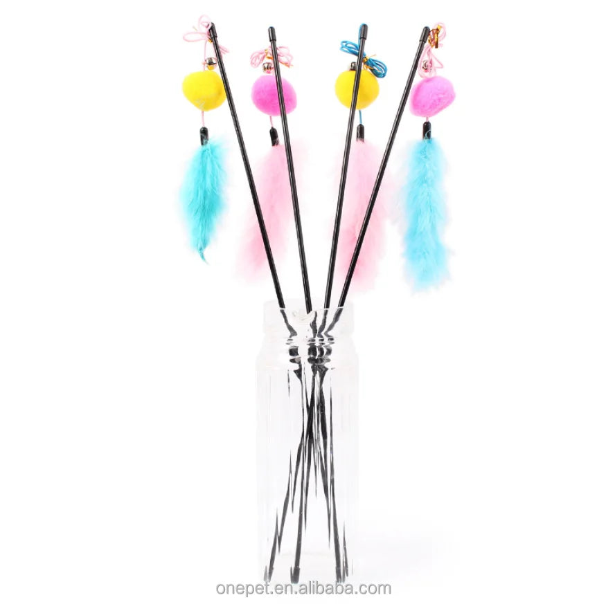 Fast Shipping Interactive Cat Toy Colorful Feather Bell Eco-Friendly Rope Teaser Stick Classic Simple Style for Playing