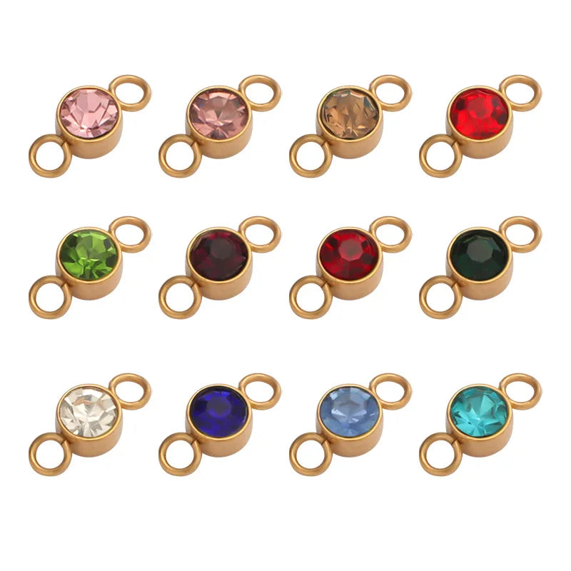 Wholesale Colorful 12 Birthstone Charm Stainless Steel Round Diamond Connector Pendant for Jewelry Making