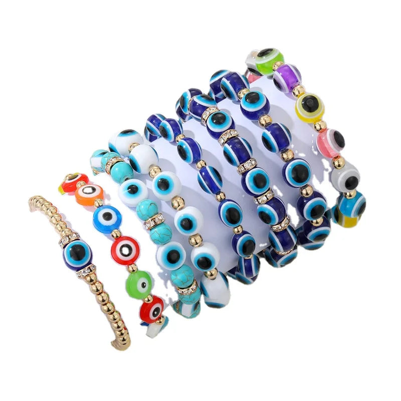 New Arrival Trendy Women's Stretch Evil Eyes Bracelet in White Blue Colorful Resin Beads Charm Jewelry for Wedding Gift