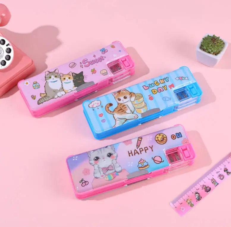 Multifunction Pencil Case for Girls and Boys Cute Cartoon Pen Box Organizer Stationery with Sharpener Schedule School Supplies