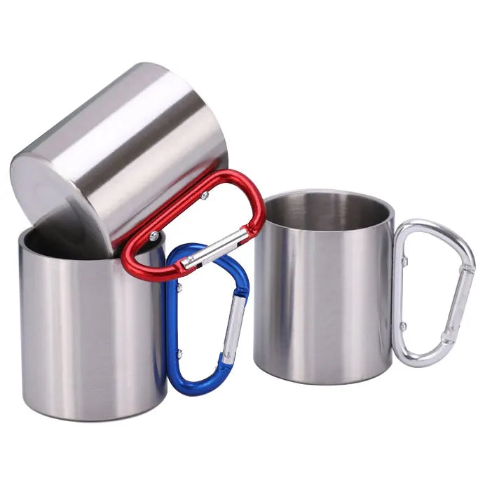 220ml Outdoor Camping Travel Portable Stainless Steel D Ring Coffee Mug Double Walled Carabiner Cups Climbing Hook Handle Cup