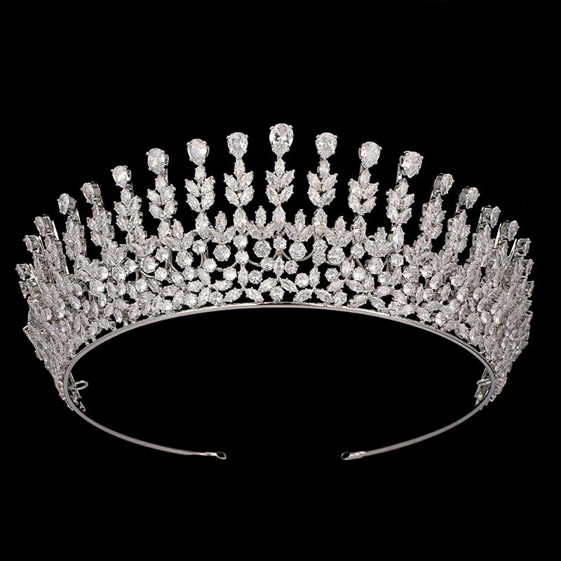Gold-filled Flowers Shaped CZ Large Pageant Crown for Beauty Wedding Copper Tiara for Bride  Corona Princesa BC6762