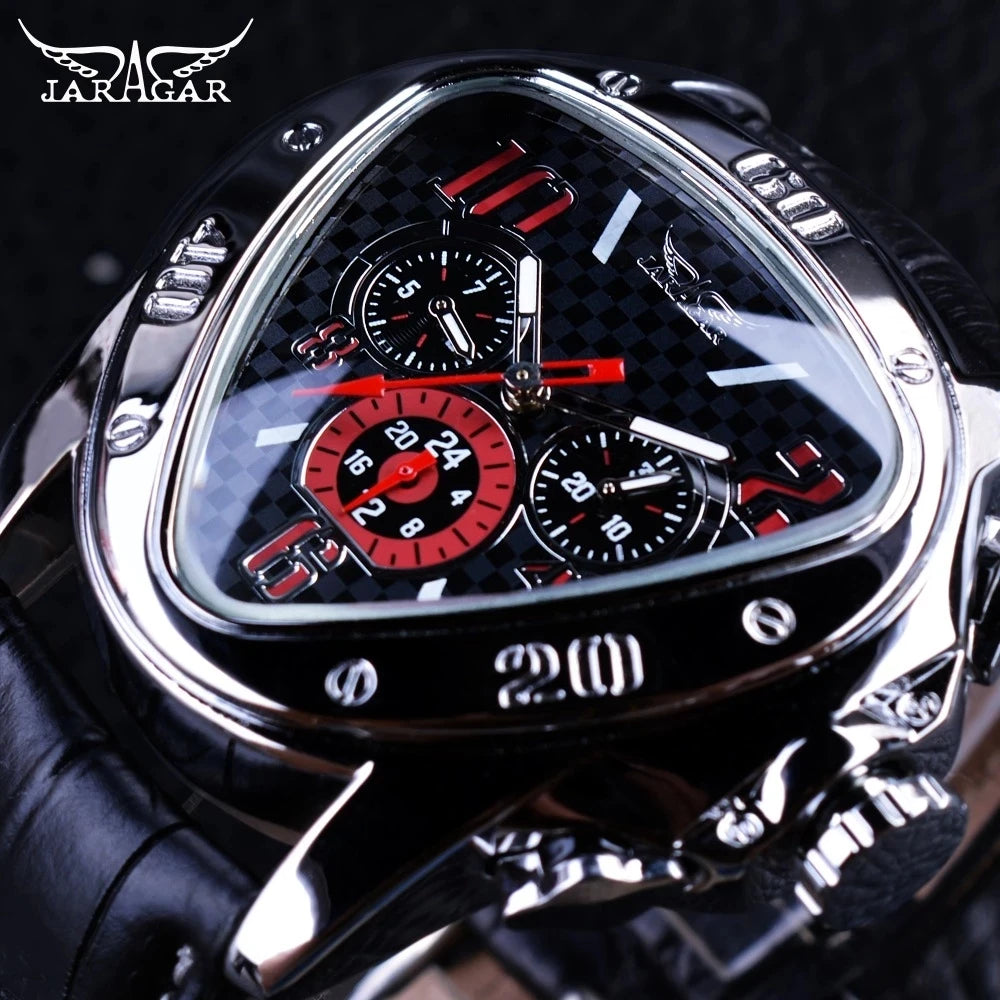 Jaragar Top New Luxury Sport Fashion Design Geometric Triangle Case Brown Leather Strap 3 Dial Men Watch Automatic Watch Clock