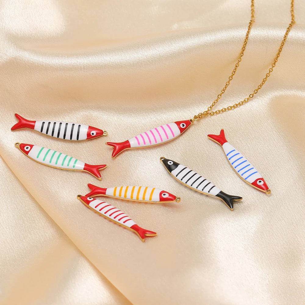 Enamel Fish Charm 18K Gold Plated Stainless Steel Striped Fish Pendant Double Enamel Fish Necklace Jewelry Making Accessories