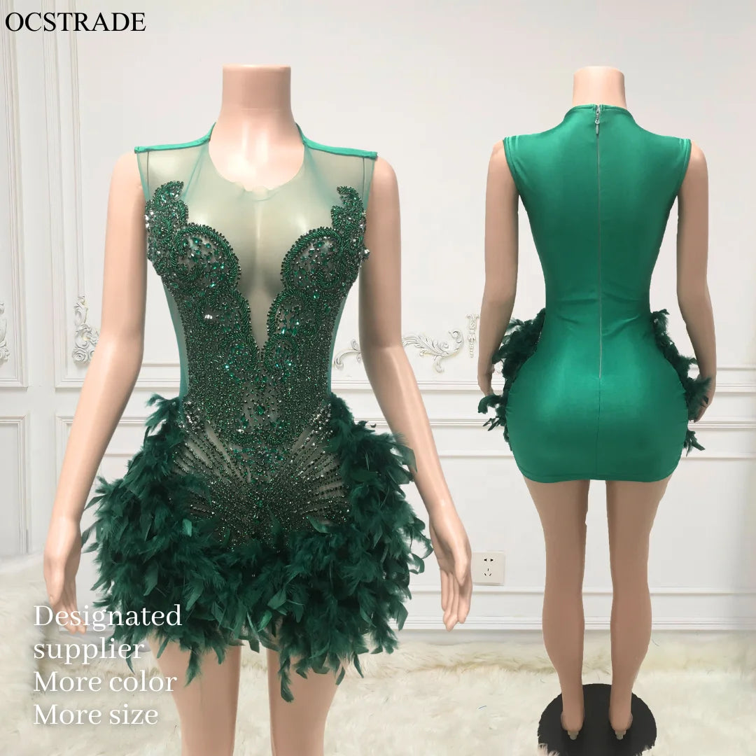 Ocstrade New Arrivals Elegant Shiny Rhinestone Dress Sleeveless Sexy Feather Diamond Birthday Party Dresses Gown Mini Club Dress